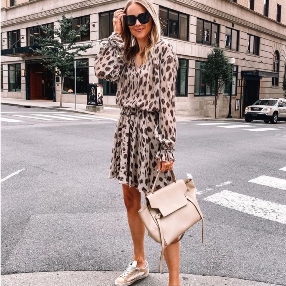 Anine Bing Silk Leopard Print Long Sleeve Dress